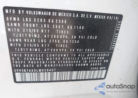 2020 Volkswagen Tiguan 2.0T Se/2.0T Se R-Line Black/2.0T Sel из США, поврежденный, VIN 3VV3B7AX9LM020407